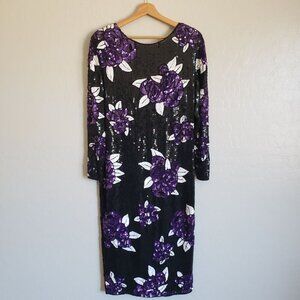 Vintage 100% Silk Full Sequin Beaded Floral Dress Sz M Black/Purple Event Formal